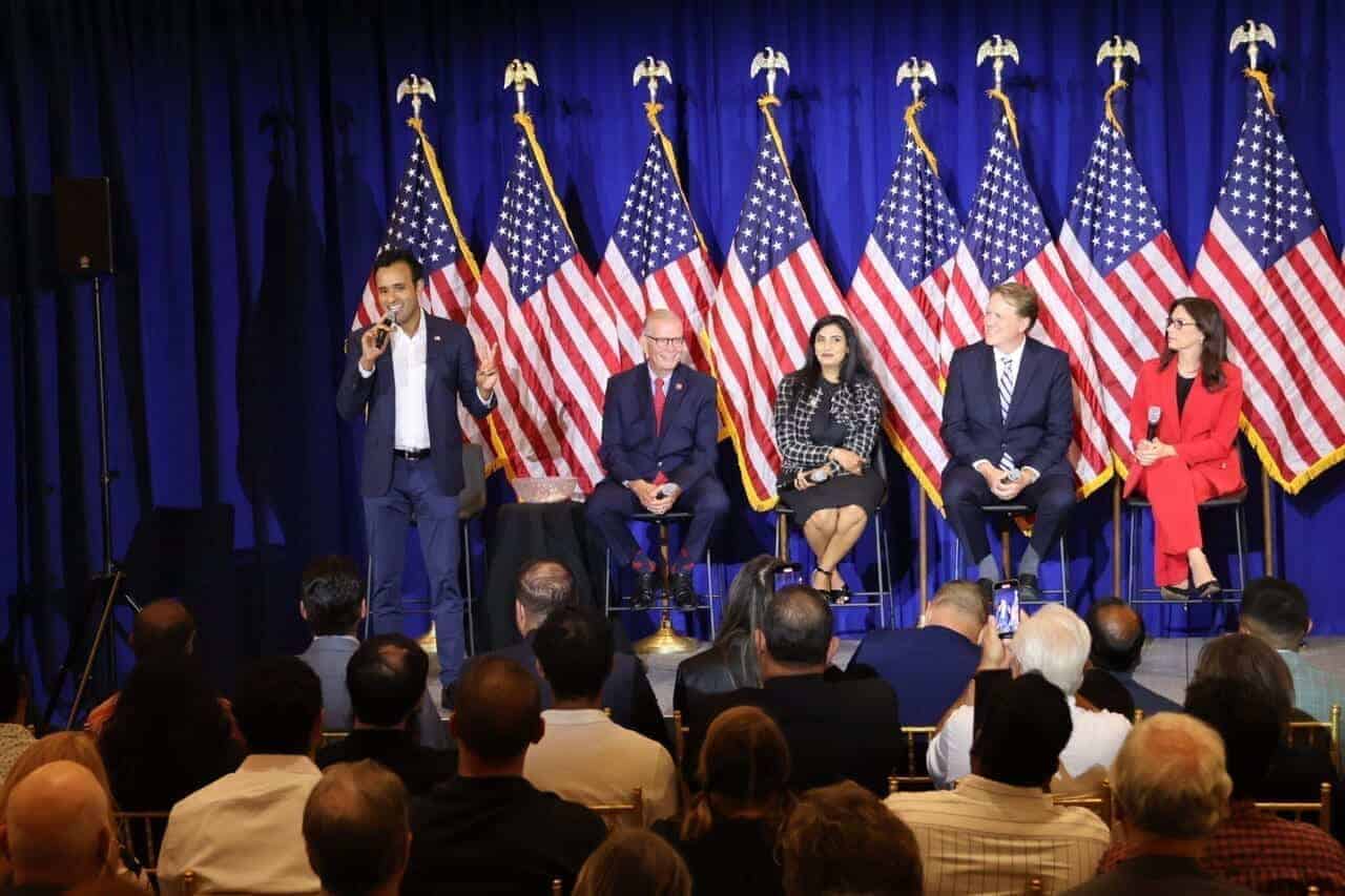 Former republican presidential candidate vivek ramaswamy, u. S. Rep. Tim walberg (r-tipton), republican national committeewoman hima kolanagireddy, michigan senate minority leader aric nesbitt (r-porter twp. ) and former republican governor candidate tudor dixon spoke at a town hall in farmington hills on sept. 14 in support of former president donald trump’s 2024 campaign.