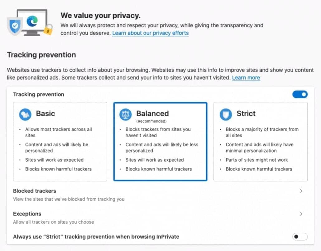 Screenshot of the privacy settings of the microsoft edge browser