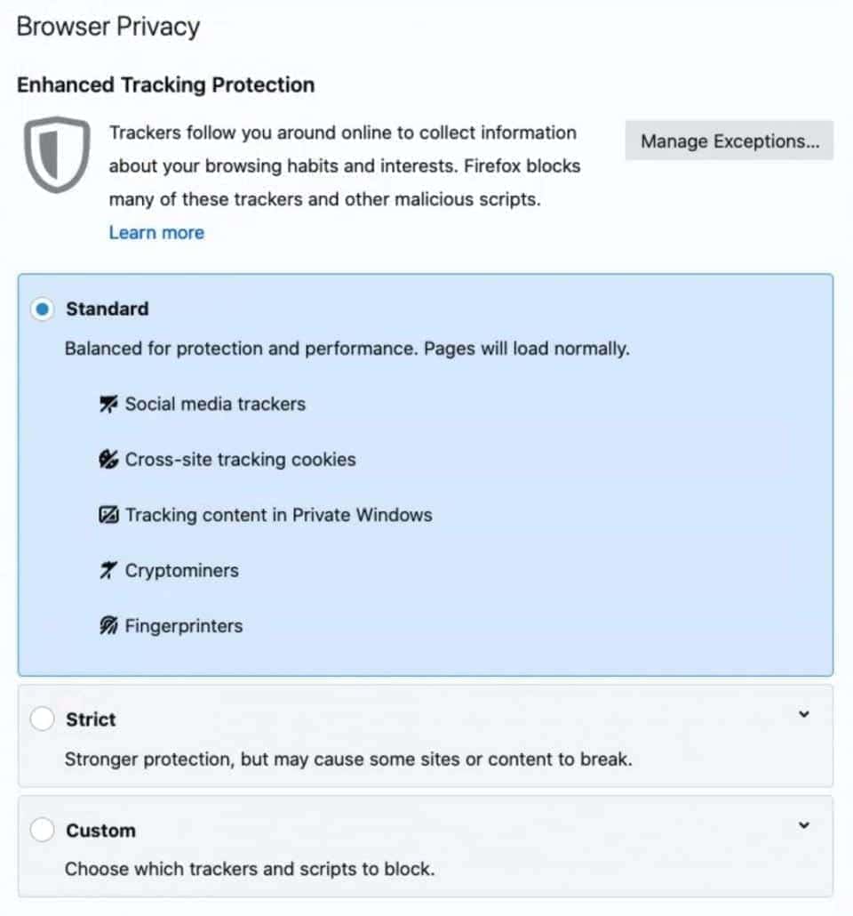 Screenshot of privacy settings for firefox browser