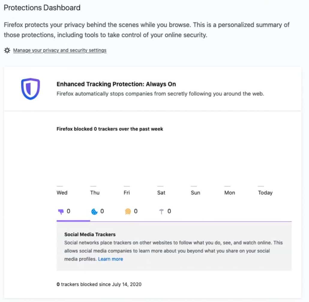 Screenshot of privacy settings in firefox browser