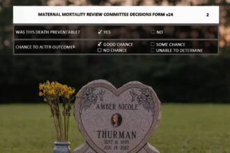 The headstone at amber thurman’s gravesite adorned with her photo, above it is the report from the maternal mortality board that investigated her death on top of the image.