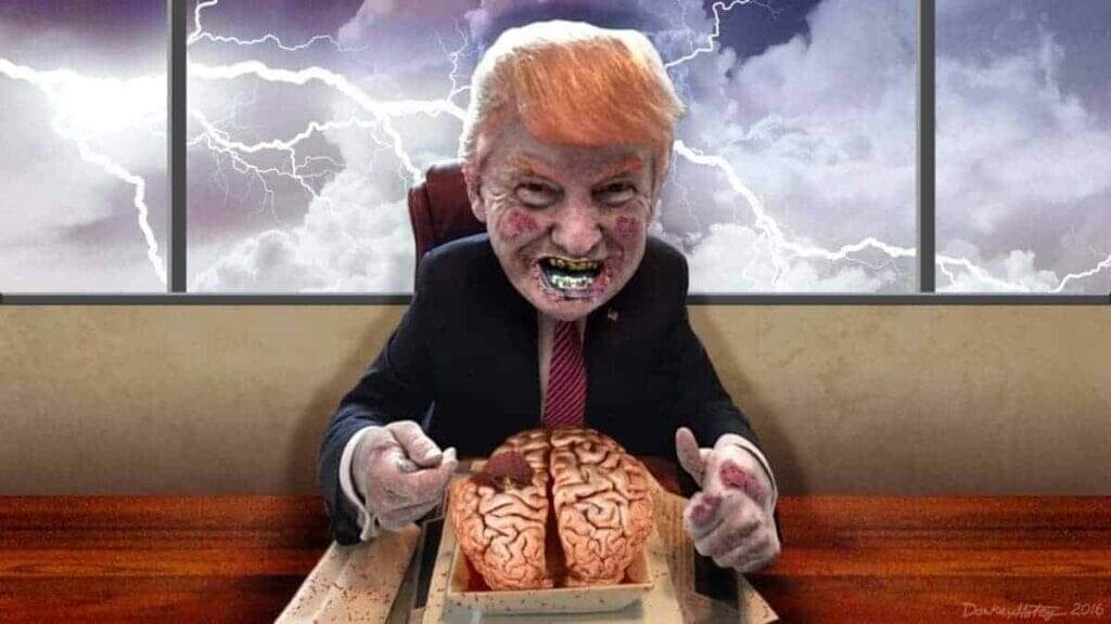 Donald Trump as a zombie eating a brain caricature