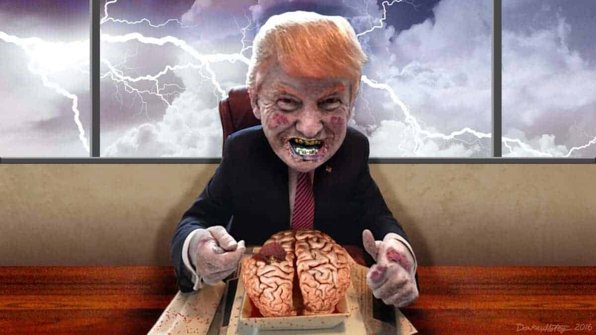 Donald trump as a zombie eating a brain caricature