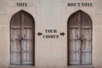Two doors labeled with vote and don't above them