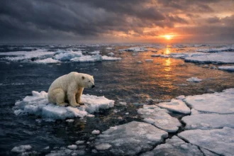 A lone polar bear looks sad standing on a melting piece of ice