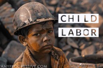 Young child in a construction helmet looking sad at a dirty construction site