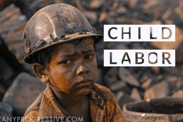 Young child in a construction helmet looking sad at a dirty construction site