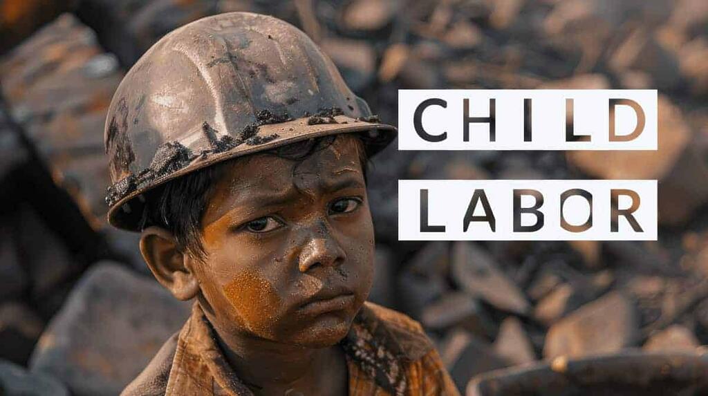 Young child in a construction helmet looking sad at a dirty construction site