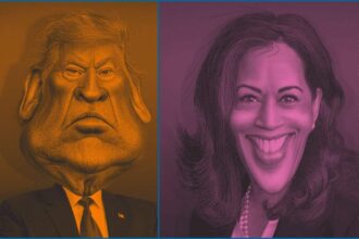 Caricatures of donald trump and kamala harris with orange tint on trump and pink tint on harris