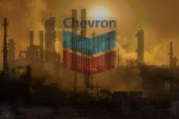 Chevron logo on a background of dirty air pollution