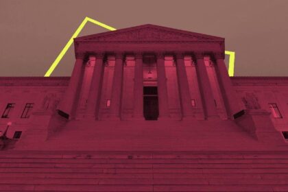 The supreme court building with a dark red overlay filter.