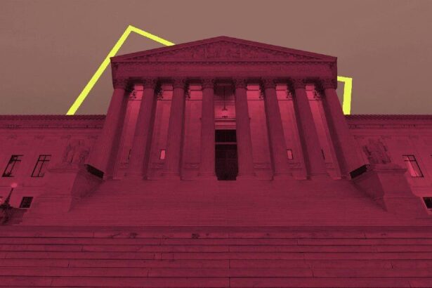 The supreme court building with a dark red overlay filter.
