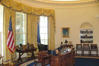 The desk in the oval office at the white house.