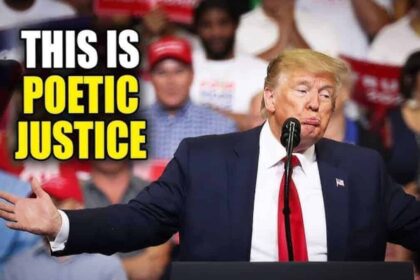 Trump at a rally making a fake sad face.