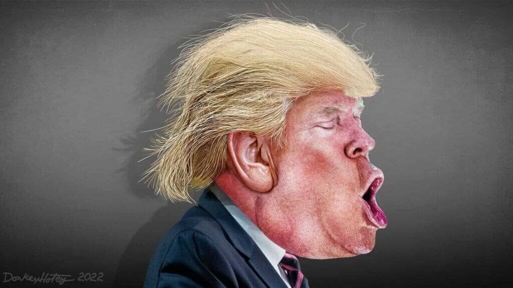 Caricature of Donald Trump side profile with a huge open mouth.