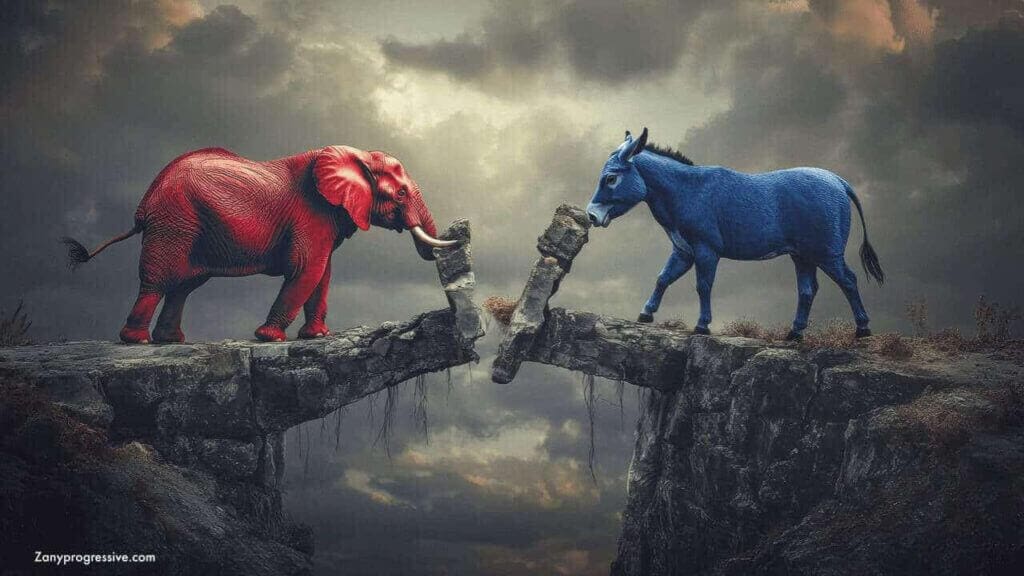 45db5ebe 0c5e 4685 9197 4ac4fc7bd9f8 Partisan divide. A red elephant and blue donkey on opposite sides of a very high stone bridge