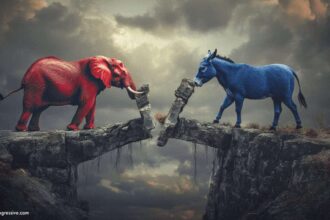 Partisan divide. A red elephant and blue donkey on opposite sides of a very high stone bridge