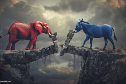 Partisan divide. A red elephant and blue donkey on opposite sides of a very high stone bridge