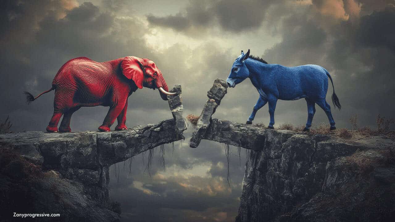 Partisan divide. A red elephant and blue donkey on opposite sides of a very high stone bridge