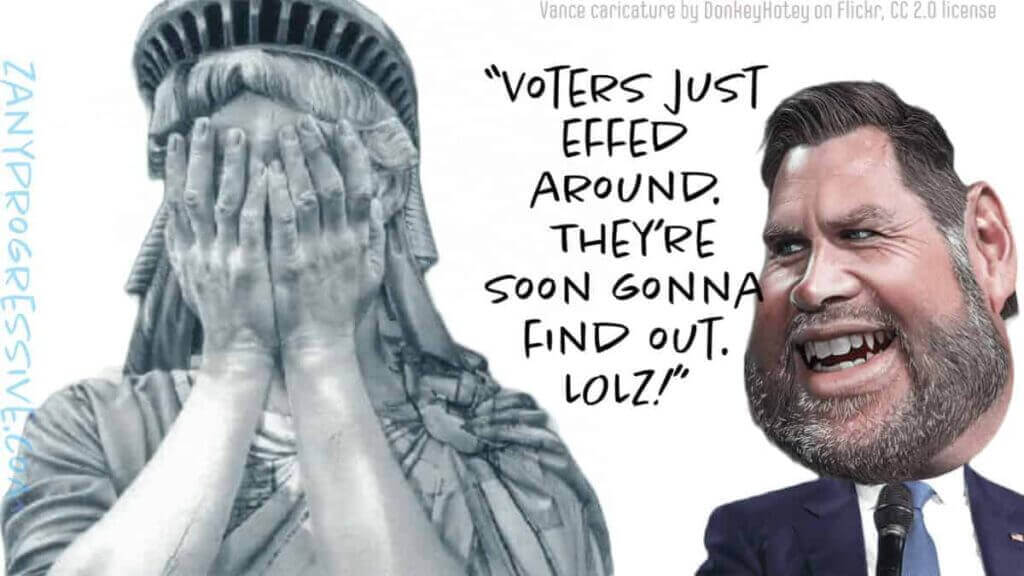 Statue of Liberty with her face in her hands, crying. JD Vance IDPs laughing at her