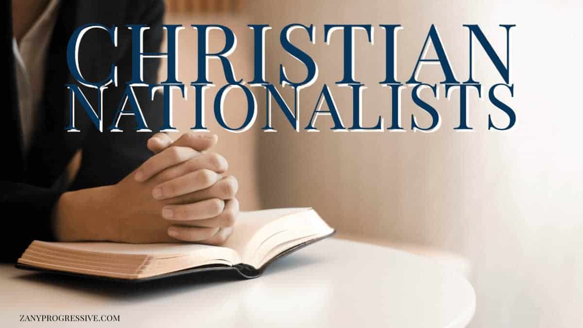 Christian nationalists graphic of an open bible on a table with hands clamped in prayer on it