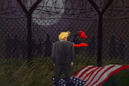 Comic book style cartoon of donald trump with a villain and the american flag