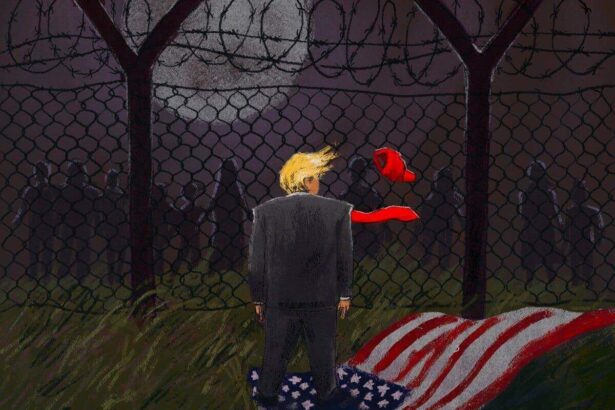 Comic book style cartoon of donald trump with a villain and the american flag