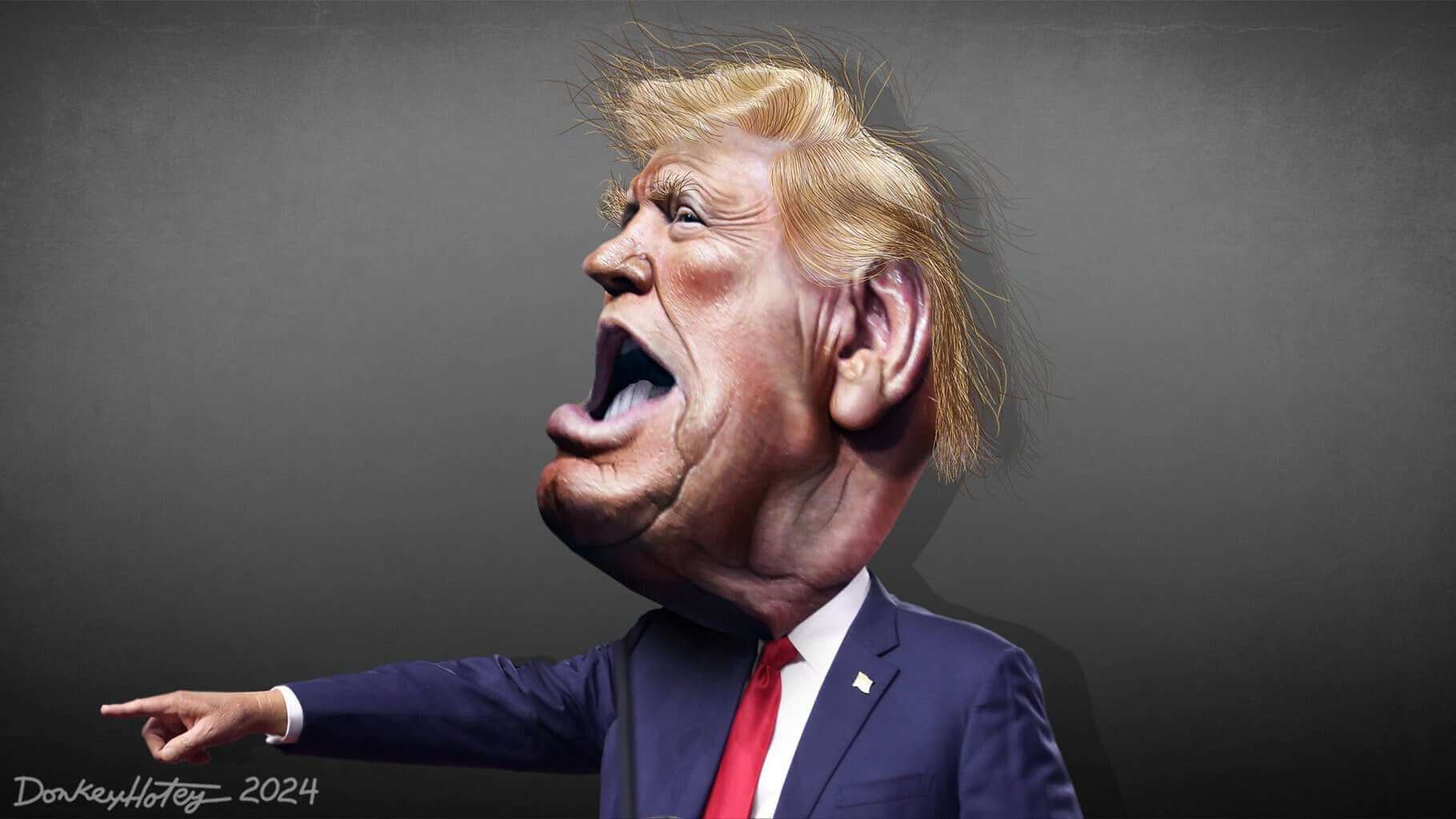 Caricature of donald teump -side view with his big mouth open