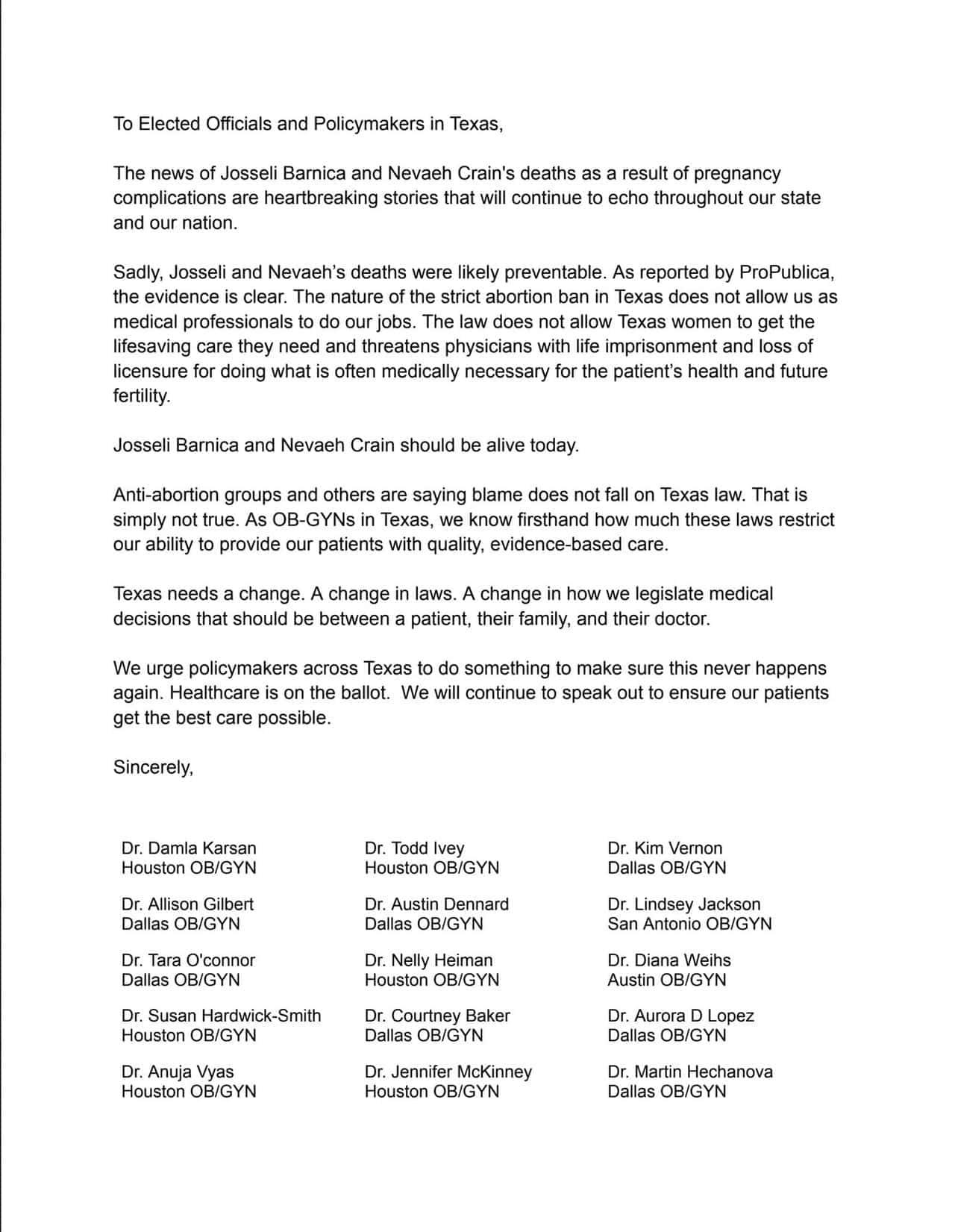 Texas abortion laws a letter from ob-gyns after reporting that 2 women died