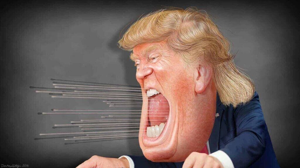 Caricature of Donald Trump screaming and spitting