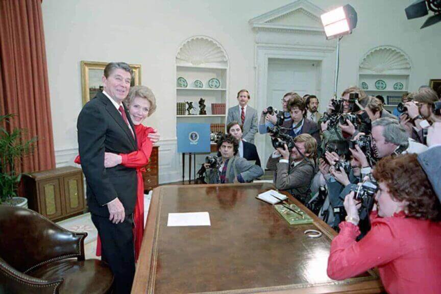 Republican win: Nancy Reagan hugs President Reagan as he makes an address to the nation announcing the Reagan-Bush candidacies for Re-election