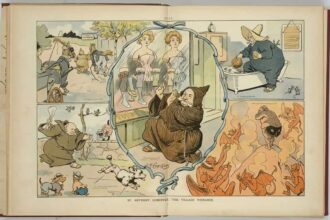 A cartoon from the library of congress’ collection depicts the moralistic crusader “anthony comstock as a monk thwarting shameless displays of excessive flesh, whether that of women, horses, or dogs, with a ‘jane doe warrant. '” (library of congress)