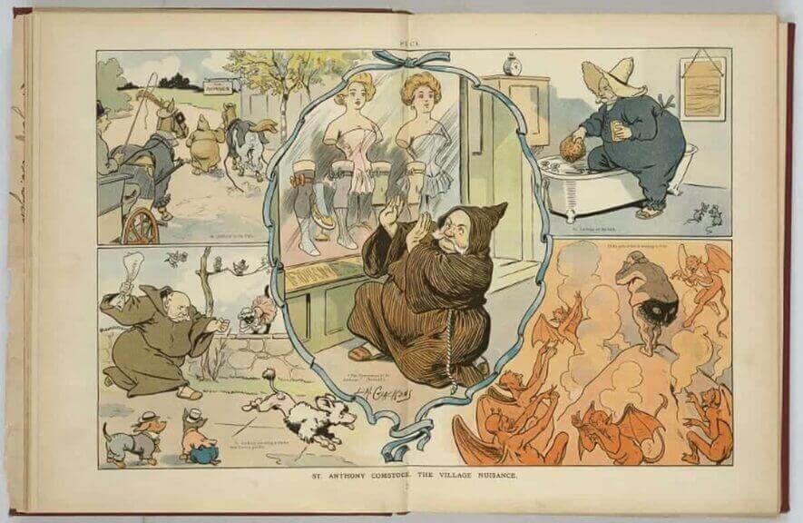 A cartoon from the Library of Congress’ collection depicts the moralistic crusader “Anthony Comstock as a monk thwarting shameless displays of excessive flesh, whether that of women, horses, or dogs, with a ‘Jane Doe Warrant.'” (Library of Congress)
