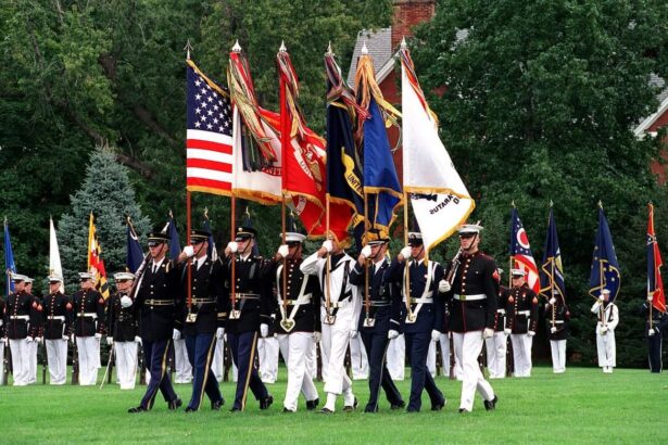 The en:Joint Service Color Guard advances the colors during the retirement ceremony of Chairman of the Joint Chiefs of Staff Gen. Henry H. Shelton, at Fort Myer, Va., on Oct. 2, 2001. DoD photo by Helene C. Stikkel.