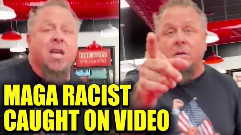 A man in a trump t-shirt yelling at the person recording him.