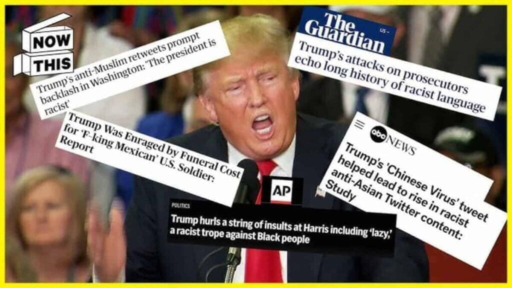 Donald Trump surrounded by news headlines about his racist remarks