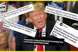 Donald trump surrounded by news headlines about his racist remarks