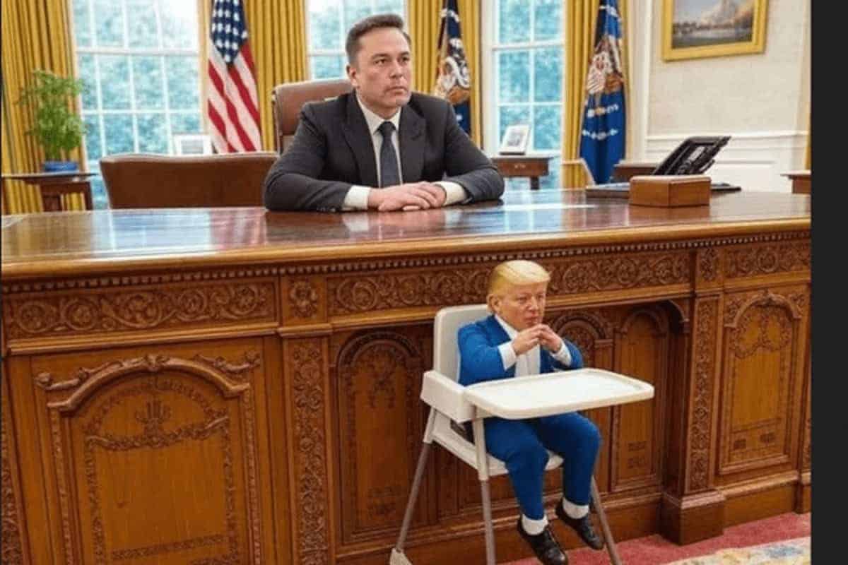 Elon Musk as President with Donald Trump in a high chair