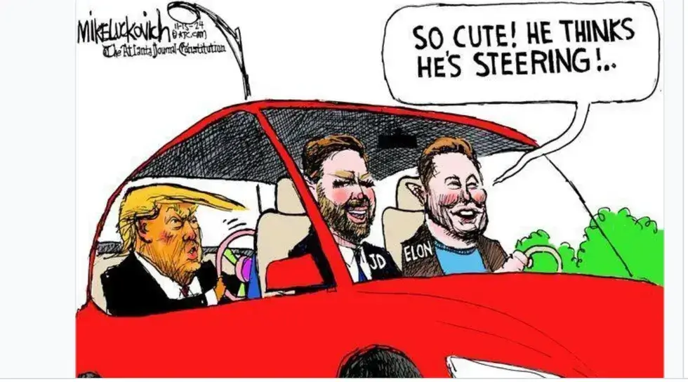 Billionaires in the trump administration political cartoon showing musk and vance driving with trump in the back seat.