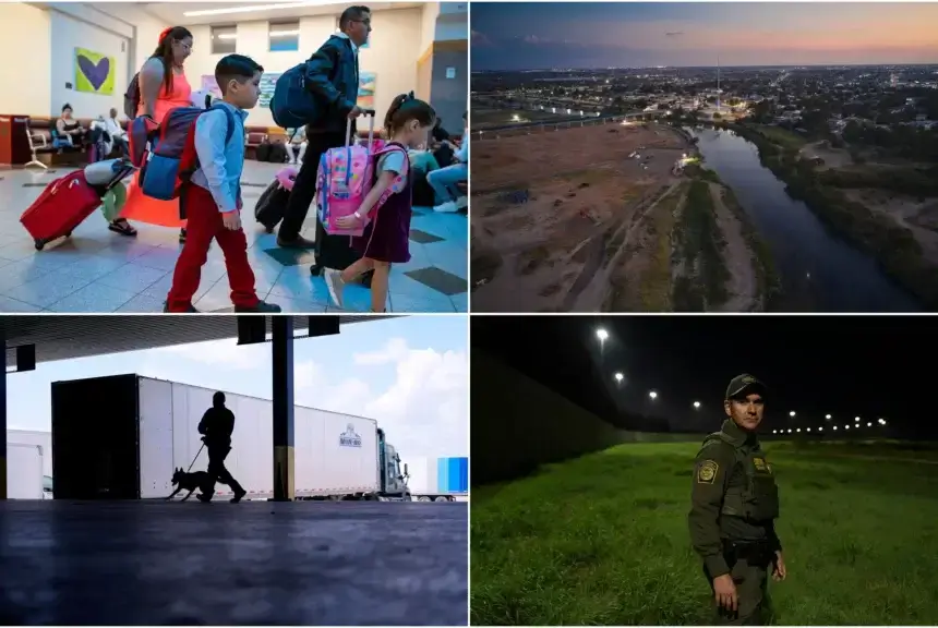 Clockwise from top left: A Venezuelan migrant family arriving in El Paso; the Rio Grande and Shelby Park in Eagle Pass; Andrés García, Border Patrol agent and public affairs officer at the border wall near Mission; a Customs and Border Protection officer and K-9 inspecting trucks at the Port of Laredo.