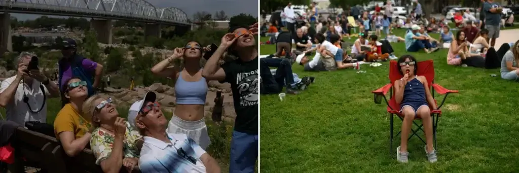 Spectators in Llano and Boerne take in the total eclipse of the sun. The eclipse's path cut a diagonal across Texas from Red River County in the northeast to Maverick County southwest of San Antonio.