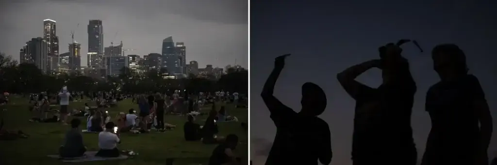 Left: The Austin skyline begins to light up as spectators watch the solar eclipse reach its totality in Zilker Park on April 8, 2024. Right: Attendees view the total solar eclipse at Cooper Lake State Park near Sulphur Springs.