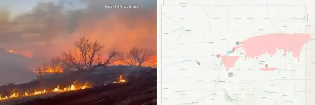Screenshots from the Texas A&M Forest Service of the fire in its early hours and a map of the fires raging in the Texas Panhandle taken at 8:44 A.M. on Feb. 29, 2024. 
