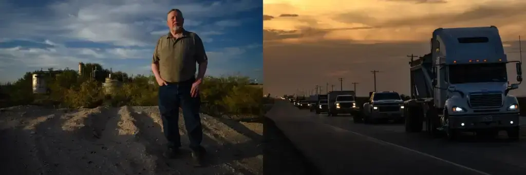 Left: Kermit Mayor David Holbrook: “Our home was not getting taken care of and we had a huge savings account,” Holbrook said about Kermit’s history of neglecting itself. Right: Oilfield traffic travels east along State Highway 302 out of Kermit.