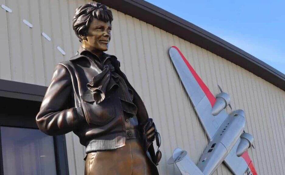 A bronze statue of Amelia Earhart