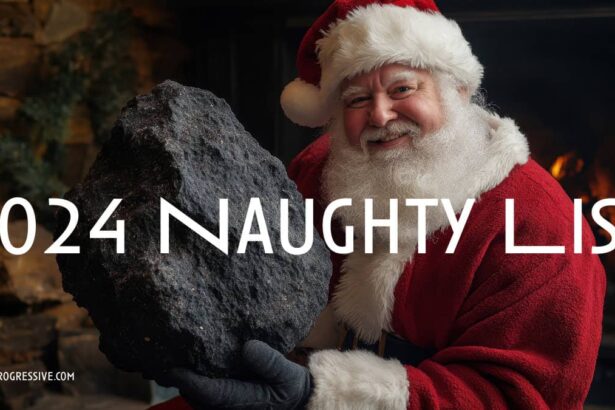 Santa holding a giant lump of coal by the fireplace