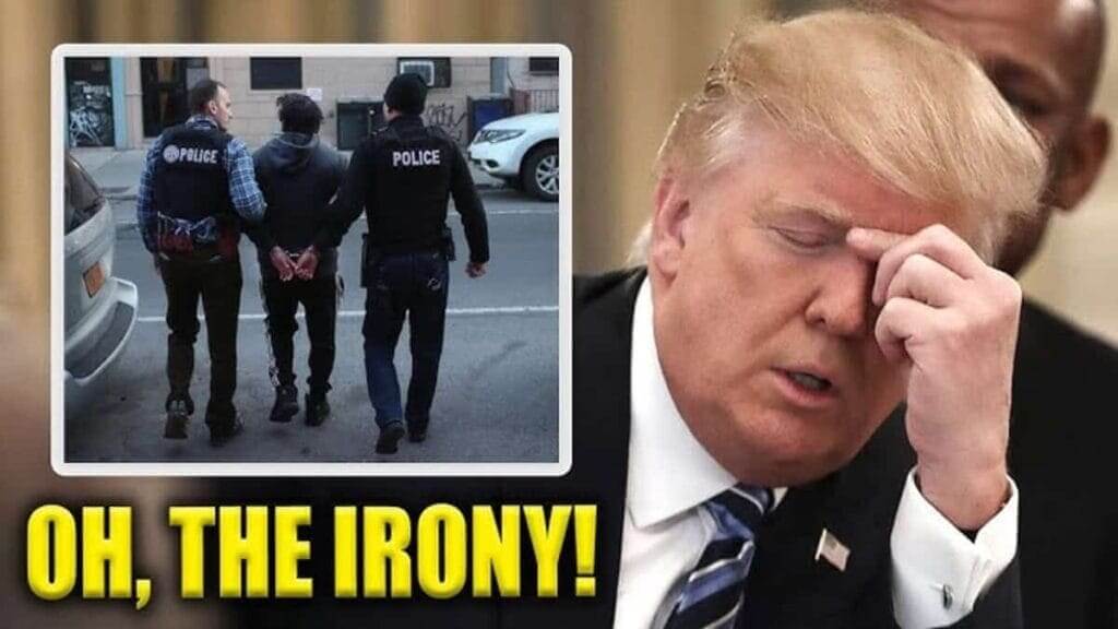 Donald Trump with a hand on his eyes appearing stressed out with a photo of ICE agents arresting someone in a box beside him