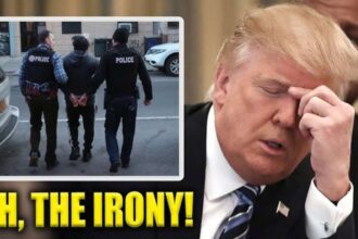 Donald trump with a hand on his eyes appearing stressed out with a photo of ice agents arresting someone in a box beside him