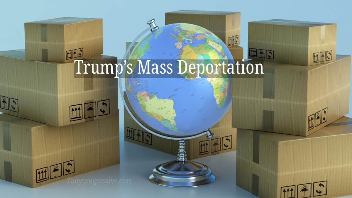 Trump mass deportation news graphic. Globe with piles of cardboard moving boxes around it