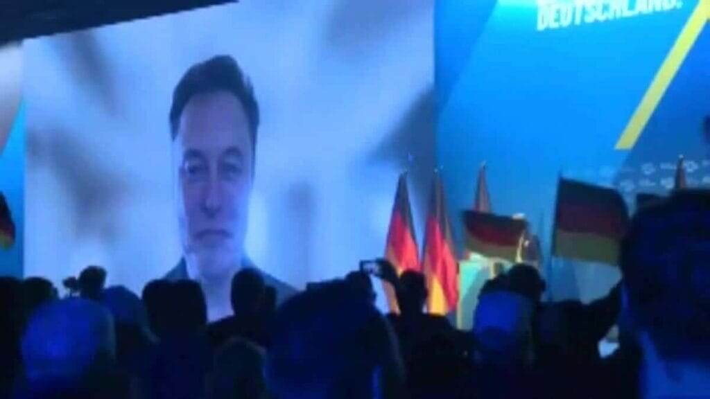 musk afd germany Elon musk on a large screen during an afd event in germany